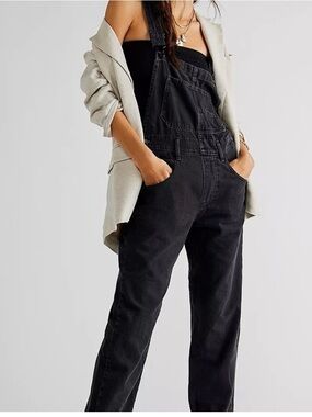 Free People Black Denim Overalls Skinny Leg Raw Hem Size 27R